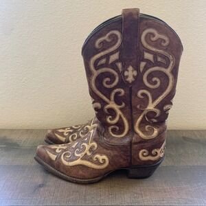 Tony Lama Women's 6.5 B Brown Snip Toe‎ Cowgirl Boots VF3924 Embroidered